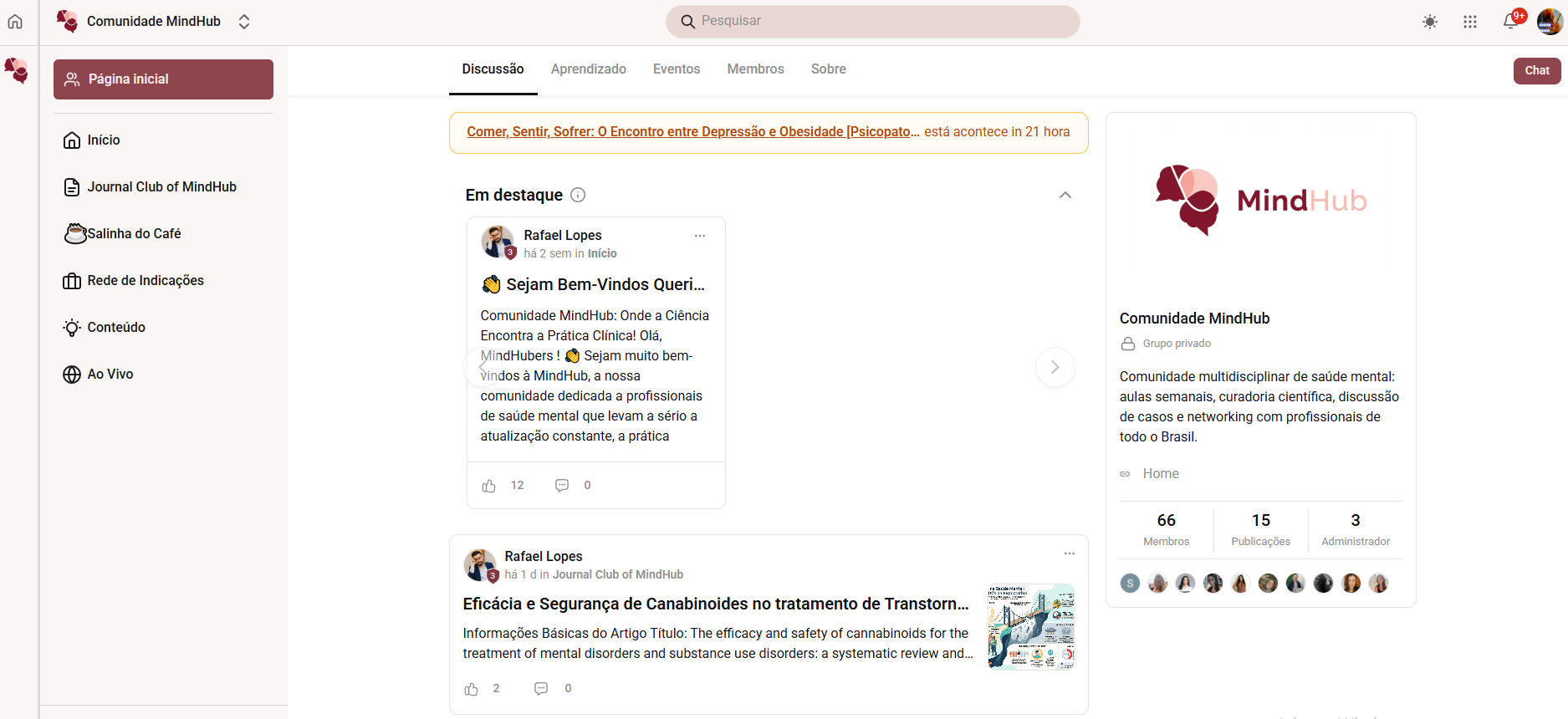 Comunidade MindHub — visão real da plataforma